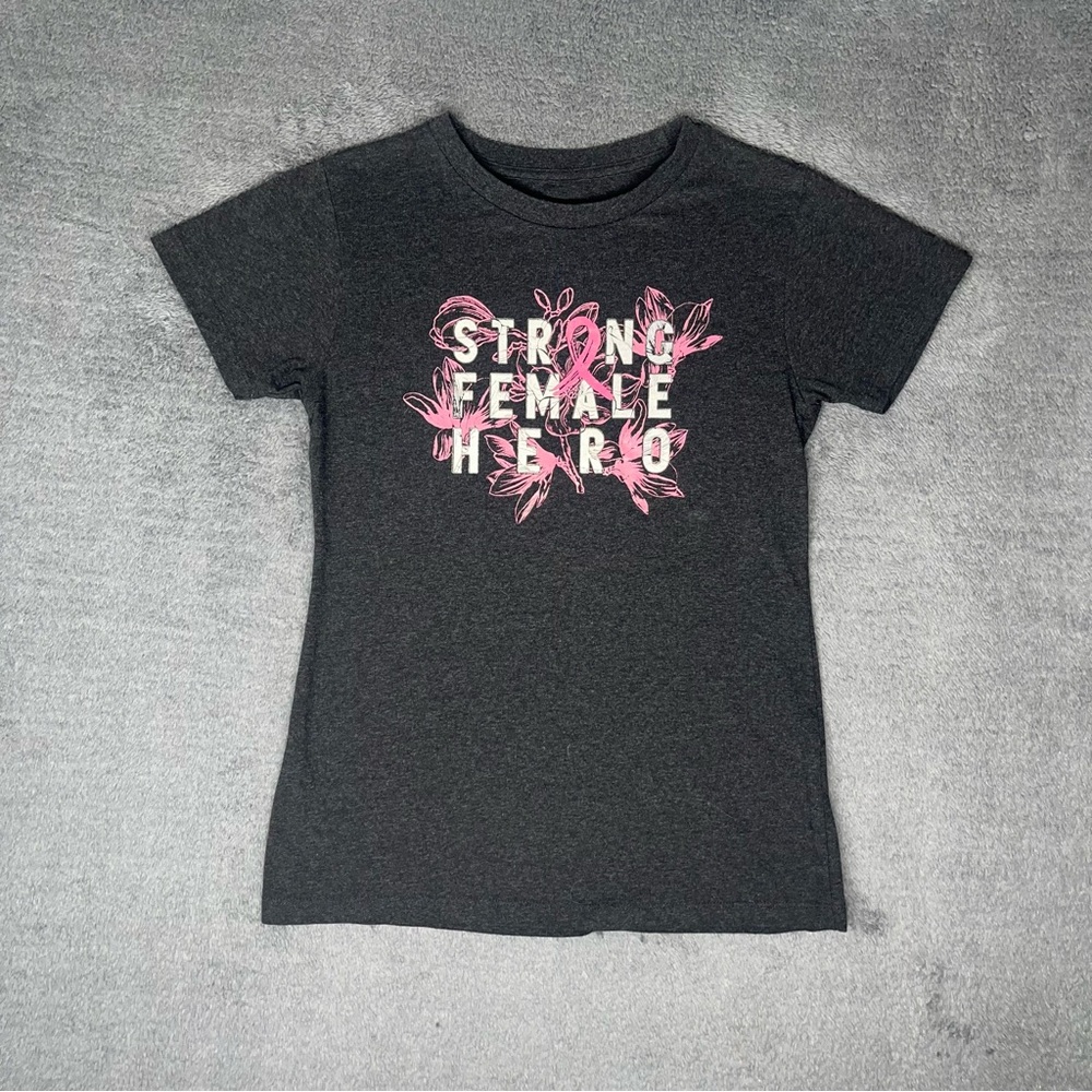 Strong Female Hero Breast Cancer Awareness Floral Graphic Pink Ribbon Fitted Tee